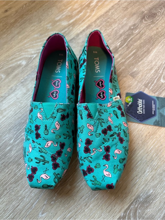 Toms Shoes - Toms Teal Canvas Slip-Ons with Pink Flamingo & Dark Berry Accents